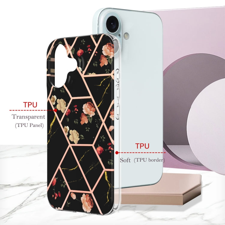 For iPhone 16 Splicing Marble Flower IMD TPU Phone Case(Black Flower) - iPhone 16 Cases by buy2fix | Online Shopping UK | buy2fix