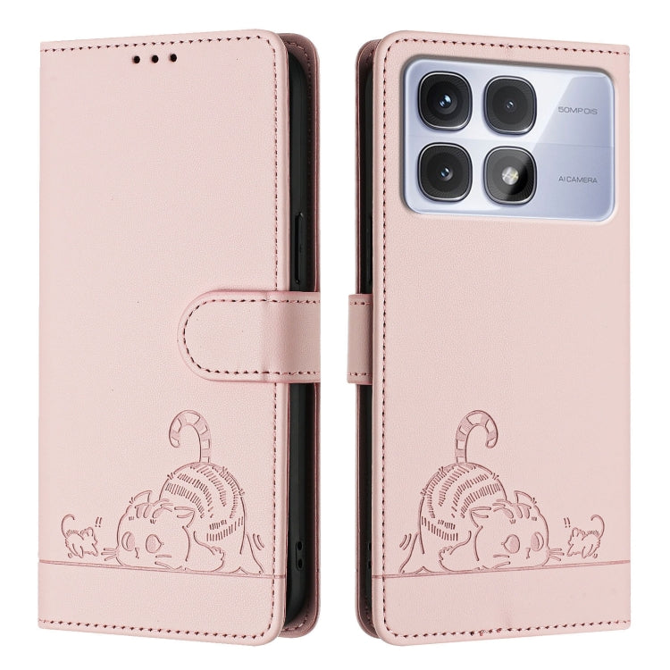 For Redmi K70 Ultra 5G Global Cat Rat Embossed Pattern RFID Leather Phone Case with Lanyard(Pink) - Xiaomi Cases by buy2fix | Online Shopping UK | buy2fix