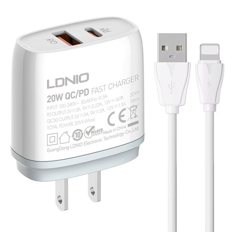 LDNIO Q229 QC3.0 / PD20W USB + Type-C Fast Charger with 1m USB to 8 Pin Cable, Plug Type:US Plug(White) - USB Charger by LDNIO | Online Shopping UK | buy2fix