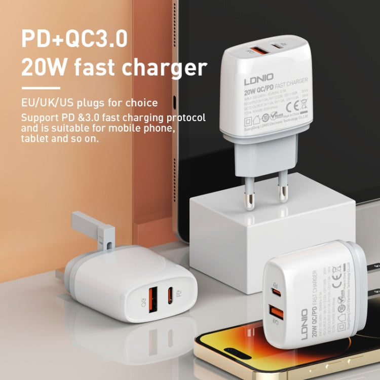 LDNIO Q229 QC3.0 / PD20W USB + Type-C Fast Charger with 1m USB to 8 Pin Cable, Plug Type:US Plug(White) - USB Charger by LDNIO | Online Shopping UK | buy2fix