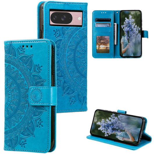 For Google Pixel 9 / 9 Pro Totem Flower Embossed Leather Phone Case with Lanyard(Blue) - Google Cases by buy2fix | Online Shopping UK | buy2fix