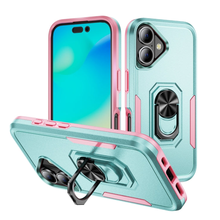 For iPhone 16 Plus Pioneer Armor Heavy Duty PC + TPU Phone Case with Holder(Green+Pink) - iPhone 16 Plus Cases by buy2fix | Online Shopping UK | buy2fix