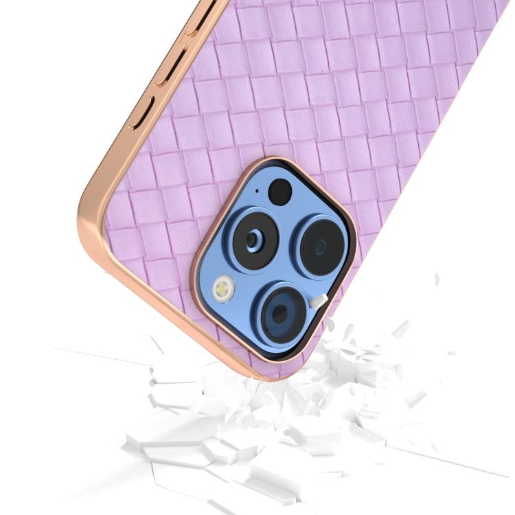 For iPhone 16 Pro Max Electroplated Frame Woven Texture PU Phone Case(Purple) - iPhone 16 Pro Max Cases by buy2fix | Online Shopping UK | buy2fix