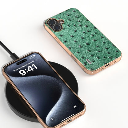 For iPhone 16 ABEEL Electroplating Frame Genuine Leather Ostrich Texture Phone Case(Green) - iPhone 16 Cases by buy2fix | Online Shopping UK | buy2fix