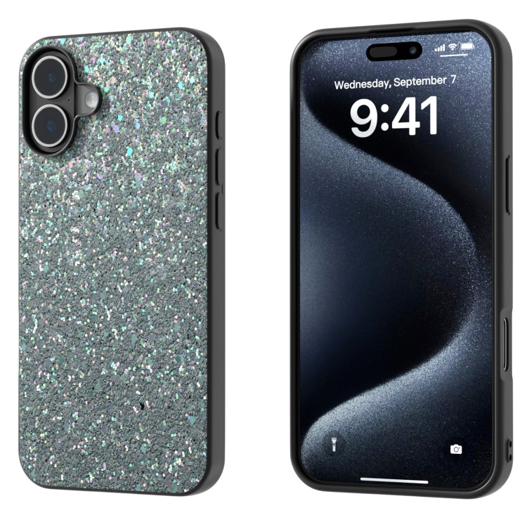 For iPhone 16 Black Frame Colorful Glitter Phone Case(Black Green) - iPhone 16 Cases by buy2fix | Online Shopping UK | buy2fix