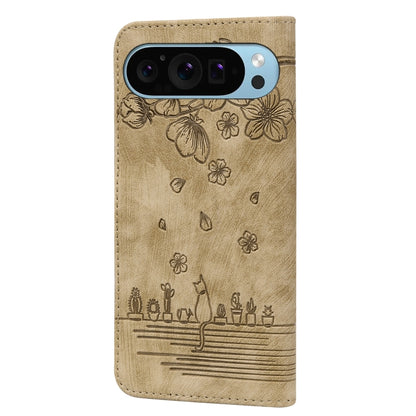 For Google Pixel 9 / 9 Pro Cartoon Sakura Cat Embossed Leather Phone Case(Brown) - Google Cases by buy2fix | Online Shopping UK | buy2fix