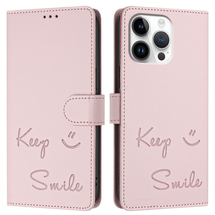 For iPhone 16 Pro Max Smile Embossing RFID Leather Phone Case(Pink) - iPhone 16 Pro Max Cases by buy2fix | Online Shopping UK | buy2fix