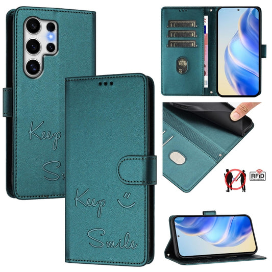 For Samsung Galaxy S25 Ultra 5G Smile Embossing RFID Leather Phone Case(Peacock Green) - Galaxy S25 Ultra 5G Cases by buy2fix | Online Shopping UK | buy2fix