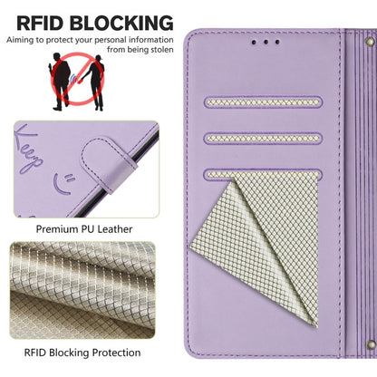 For Motorola Moto G Play 5G 2024 Global Smile Embossing RFID Leather Phone Case(Light Purple) - Motorola Cases by buy2fix | Online Shopping UK | buy2fix