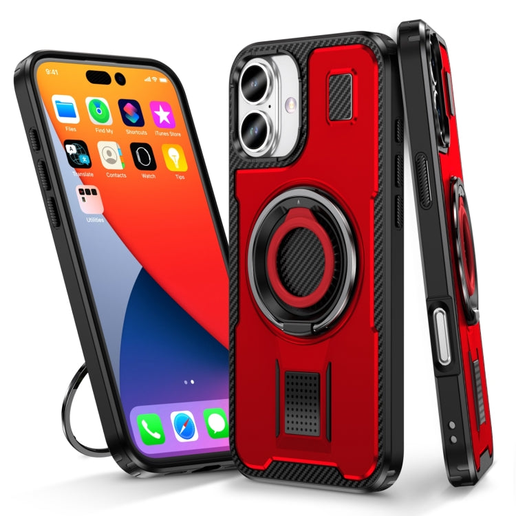 For iPhone 16 Ring Holder Carbon Fiber PC Hybrid TPU Phone Case(Red) - iPhone 16 Cases by buy2fix | Online Shopping UK | buy2fix