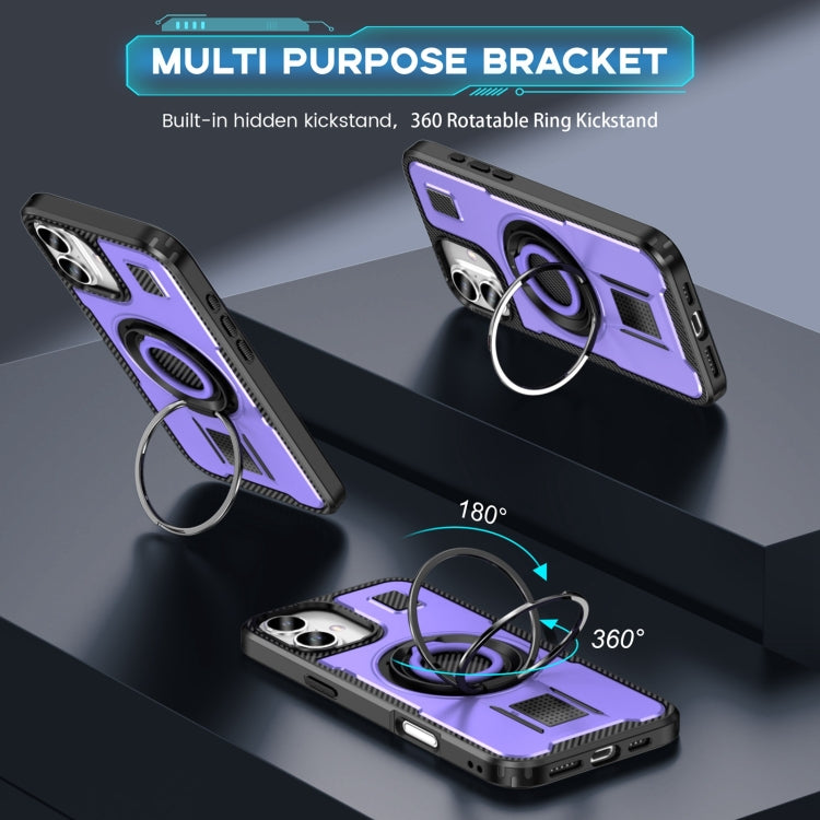 For iPhone 16 Ring Holder Carbon Fiber PC Hybrid TPU Phone Case(Purple) - iPhone 16 Cases by buy2fix | Online Shopping UK | buy2fix