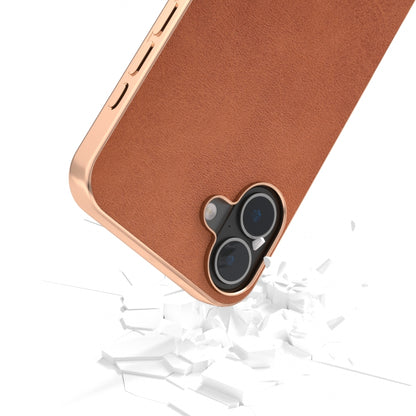 For iPhone 16 Nano Electroplating Dual Color Cowhide Texture Protective Phone Case(Brown) - iPhone 16 Cases by buy2fix | Online Shopping UK | buy2fix