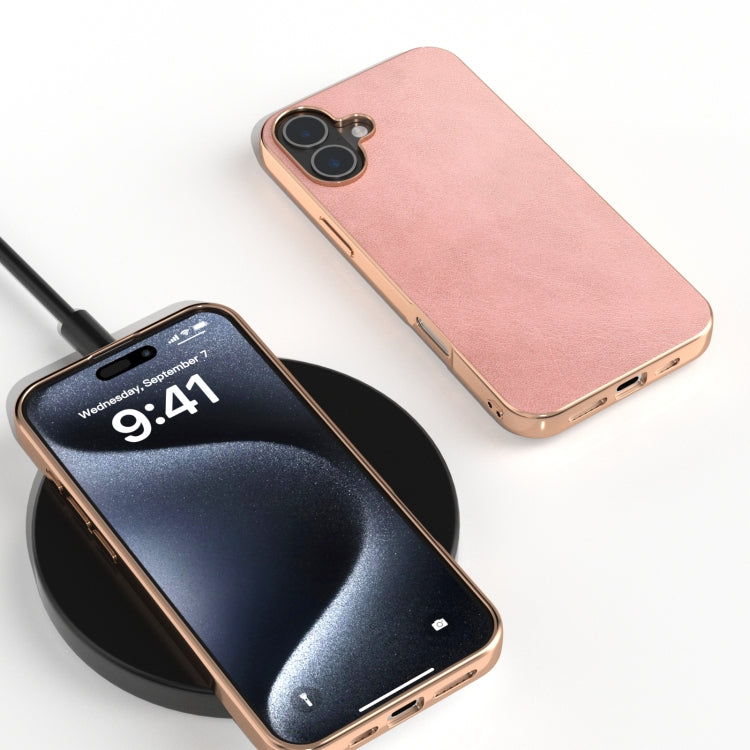 For iPhone 16 Nano Electroplating Dual Color Cowhide Texture Protective Phone Case(Rose Gold) - iPhone 16 Cases by buy2fix | Online Shopping UK | buy2fix