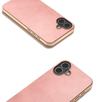 For iPhone 16 Nano Electroplating Dual Color Cowhide Texture Protective Phone Case(Rose Gold) - iPhone 16 Cases by buy2fix | Online Shopping UK | buy2fix