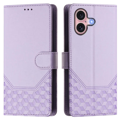 For iPhone 16 Honeycomb Embossing RFID Leather Phone Case(Light Purple) - iPhone 16 Cases by buy2fix | Online Shopping UK | buy2fix