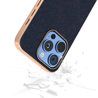 For iPhone 16 Pro ABEEL Electroplating Frame Cross Texture Genuine Leather Phone Case(Blue) - iPhone 16 Pro Cases by buy2fix | Online Shopping UK | buy2fix