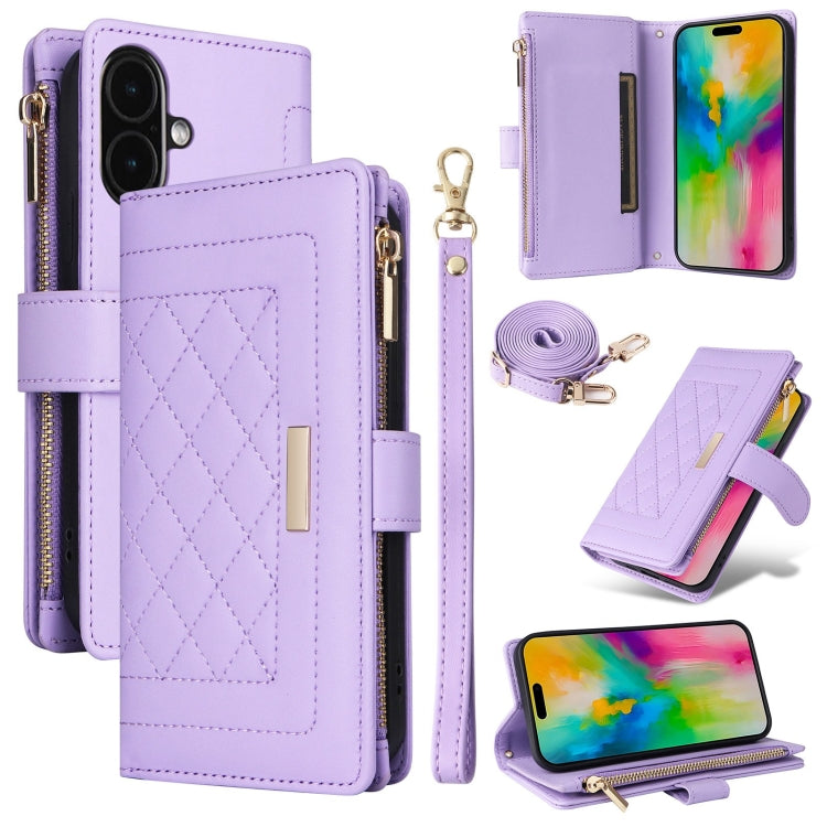 For iPhone 16 Plus Crossbody Zipper Wallet Rhombus Leather Phone Case(Purple) - iPhone 16 Plus Cases by buy2fix | Online Shopping UK | buy2fix