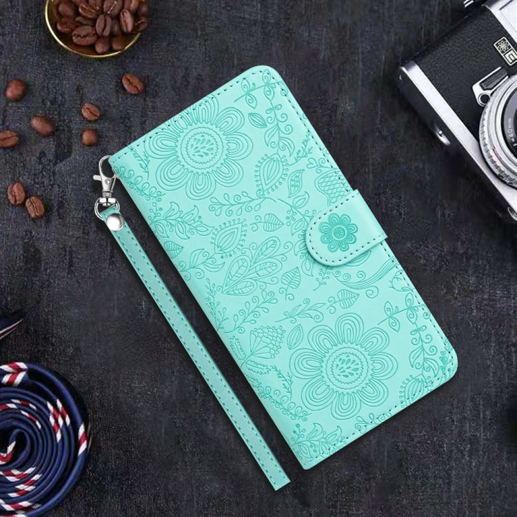 For iPhone 16 Pro Floral Embossed Pattern Leather Phone Case(Light Green) - iPhone 16 Pro Cases by buy2fix | Online Shopping UK | buy2fix