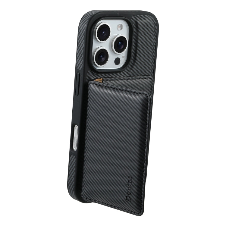 For iPhone 16 Pro Max Denior Carbon Fiber Texture Leather Card Bag MagSafe Phone Case(Black) - iPhone 16 Pro Max Cases by Denior | Online Shopping UK | buy2fix