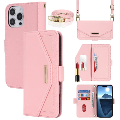 For iPhone 16 Pro Cross Texture Crossbody Lanyard Leather Phone Case(Pink) - iPhone 16 Pro Cases by buy2fix | Online Shopping UK | buy2fix