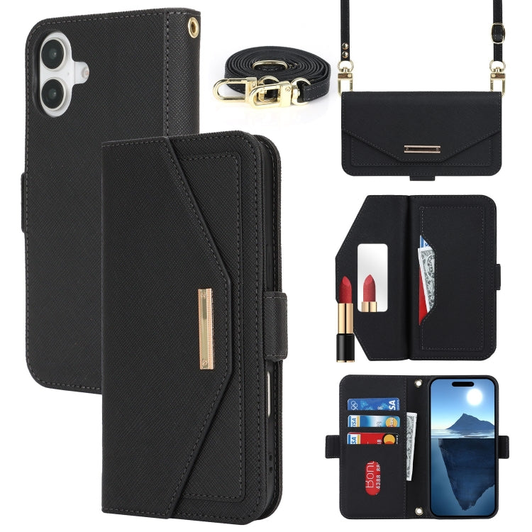 For iPhone 16 Plus Cross Texture Crossbody Lanyard Leather Phone Case(Black) - iPhone 16 Plus Cases by buy2fix | Online Shopping UK | buy2fix