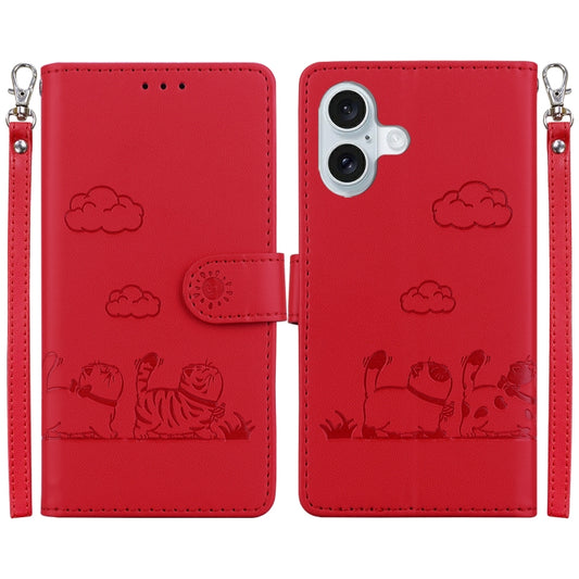 For iPhone 16 Cute Cats RFID Leather Phone Case(Red) - iPhone 16 Cases by buy2fix | Online Shopping UK | buy2fix