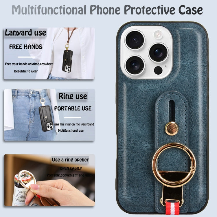 For iPhone 16 Pro Wristband Leather Back Phone Case(Blue) - iPhone 16 Pro Cases by buy2fix | Online Shopping UK | buy2fix