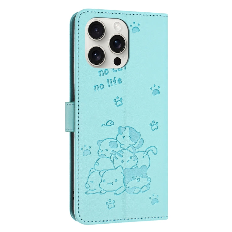 For iPhone 16 Pro Embossed Kitten Phone Leather Case with Lanyard(Mint Green) - iPhone 16 Pro Cases by buy2fix | Online Shopping UK | buy2fix