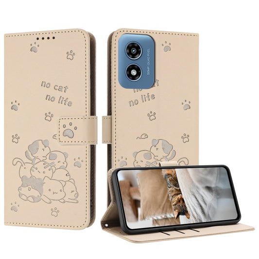 For Motorola Moto G Play 4G 2024 Embossed Kitten Phone Leather Case with Lanyard(Beige) - Motorola Cases by buy2fix | Online Shopping UK | buy2fix