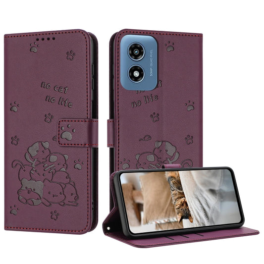 For Motorola Moto G Play 4G 2024 Embossed Kitten Phone Leather Case with Lanyard(Wine Red) - Motorola Cases by buy2fix | Online Shopping UK | buy2fix