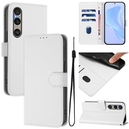 For Sony Xperia 1 VI 2024 Skin Feel Solid Color Leather Phone Case with Lanyard(White) - Sony Cases by buy2fix | Online Shopping UK | buy2fix