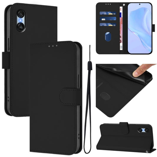 For Sony Xperia 10 VI 2024 Skin Feel Solid Color Leather Phone Case with Lanyard(Black) - Sony Cases by buy2fix | Online Shopping UK | buy2fix