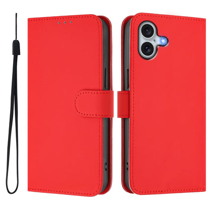 For iPhone 16 Plus Skin Feel Solid Color Leather Phone Case with Lanyard(Red) - iPhone 16 Plus Cases by buy2fix | Online Shopping UK | buy2fix