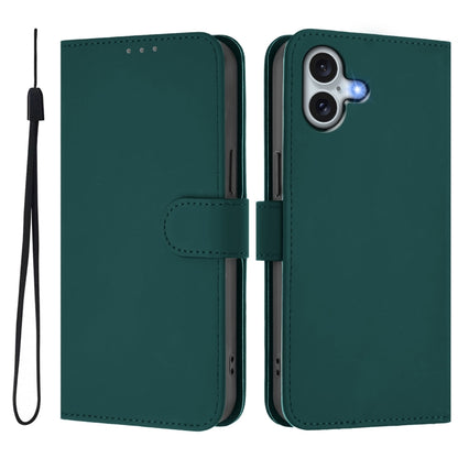 For iPhone 16 Plus Skin Feel Solid Color Leather Phone Case with Lanyard(Dark Green) - iPhone 16 Plus Cases by buy2fix | Online Shopping UK | buy2fix