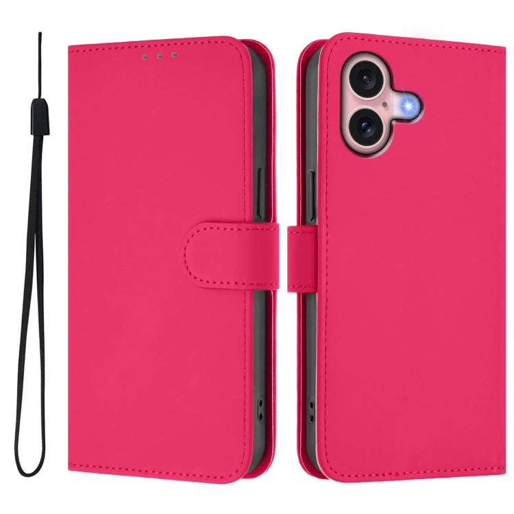 For iPhone 16 Skin Feel Solid Color Leather Phone Case with Lanyard(Rose Red) - iPhone 16 Cases by buy2fix | Online Shopping UK | buy2fix