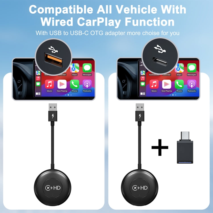 USB and HDMI Wired to Wireless CarPlay Auto Adapter, Specification:Round(Black) - Bluetooth Adapters by buy2fix | Online Shopping UK | buy2fix