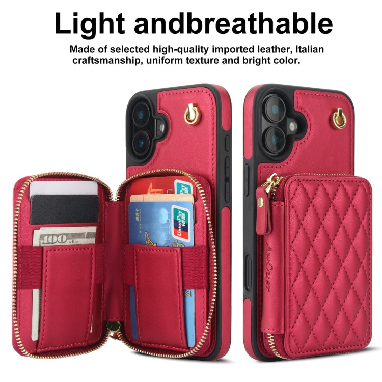 For iPhone 16 Plus AwQuer Crossbody Zipper Wallet Rhombic Leather Back Phone Case(Red) - iPhone 16 Plus Cases by Awquer | Online Shopping UK | buy2fix