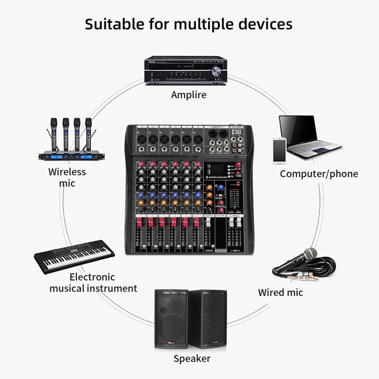 XTUGA CT60X 6-Channels Audio Mixer DJ Mixing Console with 48V Power Supply(UK Plug) - Live Sound Effects Processors by XTUGA | Online Shopping UK | buy2fix