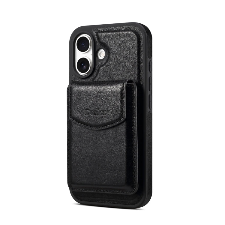 For iPhone 16 Denior D22 Genuine Leather MagSafe Holder Detachable Card Slot Phone Case(Black) - iPhone 16 Cases by Denior | Online Shopping UK | buy2fix