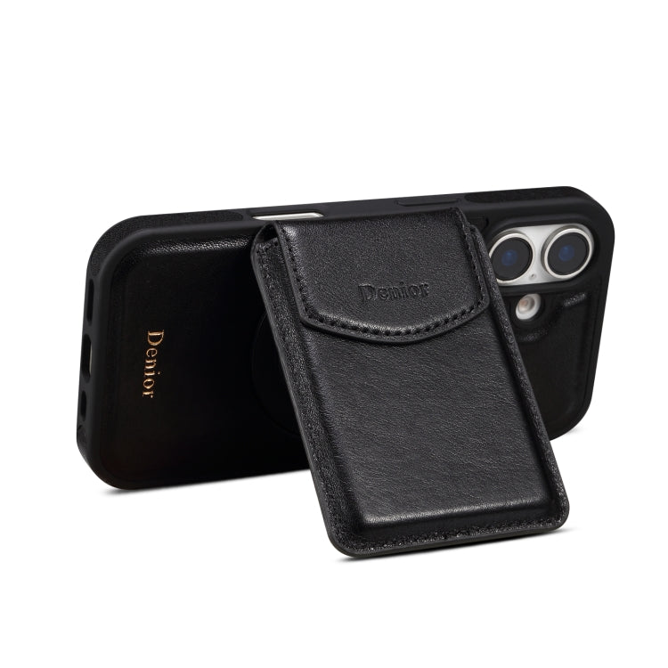 For iPhone 16 Denior D22 Genuine Leather MagSafe Holder Detachable Card Slot Phone Case(Black) - iPhone 16 Cases by Denior | Online Shopping UK | buy2fix