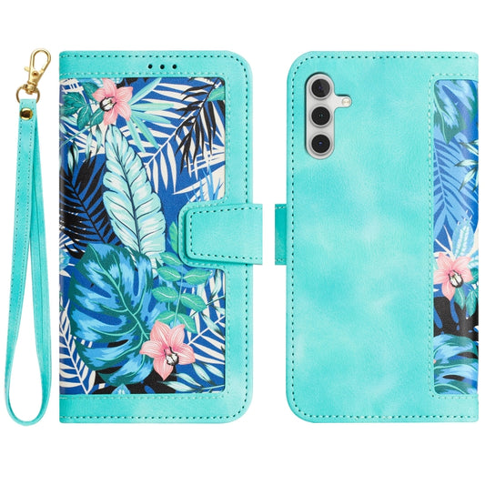 For Samsung Galaxy S25 5G Floral Pattern Leather Phone Case with Lanyard(Green) - Galaxy S25 5G Cases by buy2fix | Online Shopping UK | buy2fix