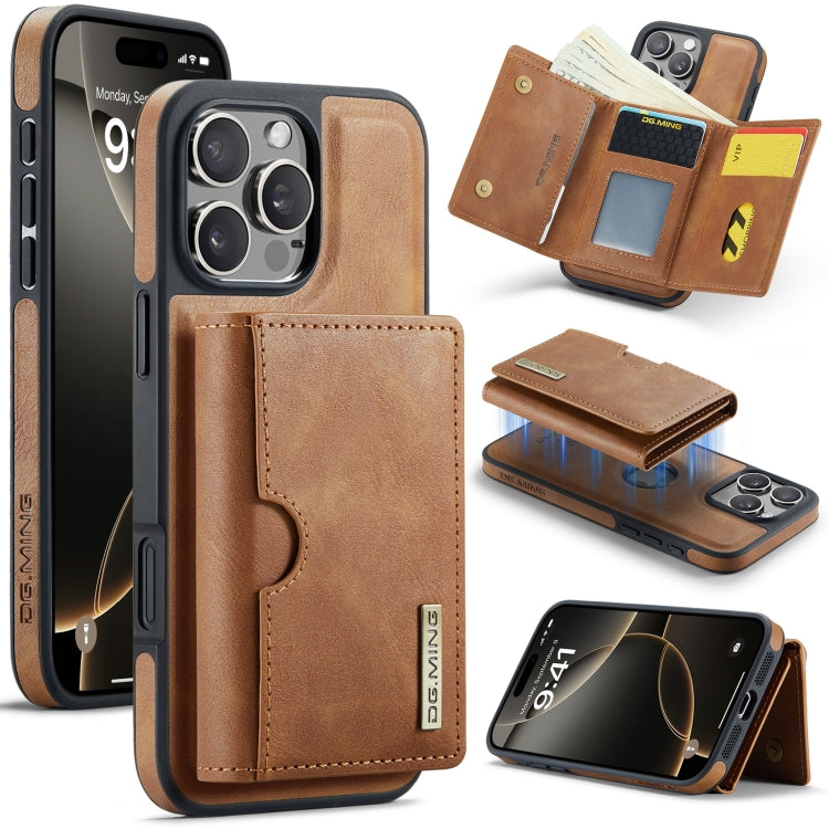 For iPhone 16 Pro DG.MING M6 Series RFID Tri-fold Card Bag Removable Leather Phone Case(Brown) - iPhone 16 Pro Cases by DG.MING | Online Shopping UK | buy2fix