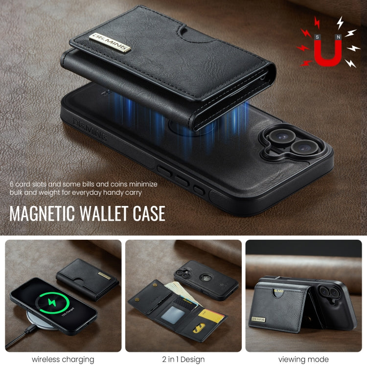 For iPhone 16 Plus DG.MING M6 Series RFID Tri-fold Card Bag Removable Leather Phone Case(Black) - iPhone 16 Plus Cases by DG.MING | Online Shopping UK | buy2fix