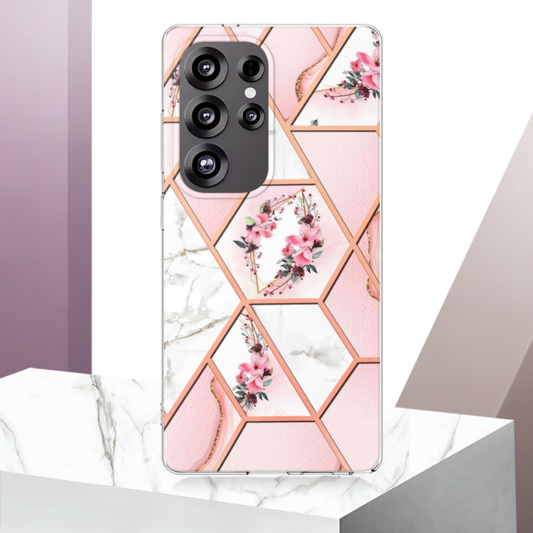 For Samsung Galaxy S25 Ultra 5G Splicing Marble Flower IMD TPU Phone Case(Pink Flower) - Galaxy S25 Ultra 5G Cases by buy2fix | Online Shopping UK | buy2fix