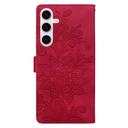 For Samsung Galaxy S25 5G Lace Floral Embossed Magnetic Buckle PU Phone Case With Wrist Strap(Red) - Galaxy S25 5G Cases by buy2fix | Online Shopping UK | buy2fix