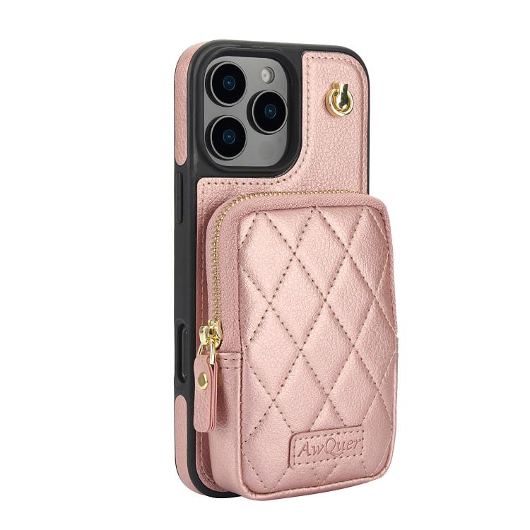 For iPhone 16 Pro Max AwQuer Crossbody Zipper Wallet Bag Litchi Leather Phone Case(Rose Gold) - iPhone 16 Pro Max Cases by Awquer | Online Shopping UK | buy2fix