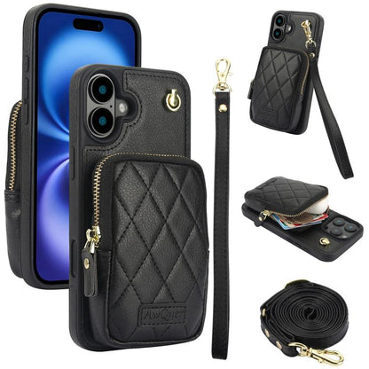 For iPhone 16 Plus AwQuer Crossbody Zipper Wallet Bag Litchi Leather Phone Case(Black) - iPhone 16 Plus Cases by Awquer | Online Shopping UK | buy2fix