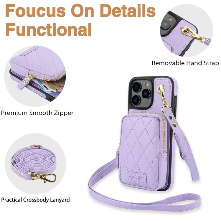 For iPhone 16 AwQuer Crossbody Zipper Wallet Bag Litchi Leather Phone Case(Light Purple) - iPhone 16 Cases by Awquer | Online Shopping UK | buy2fix