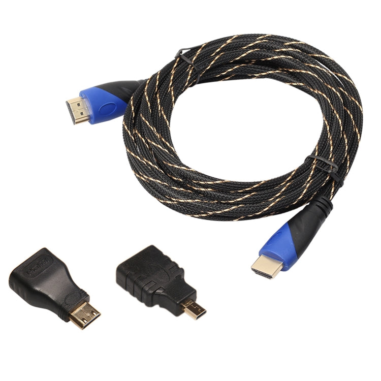 5m HDMI 1.4 Version 1080P Woven Net Line Blue Black Head HDMI Male to HDMI Male Audio Video Connector Adapter Cable with Mini HDMI & Micro HDMI Adapter Set - Cable by buy2fix | Online Shopping UK | buy2fix