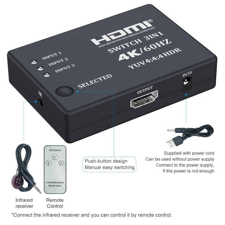 3 In 1 Out 4K 60Hz HD Video HDMI Switcher with Infrared Remote Control - Switch by buy2fix | Online Shopping UK | buy2fix